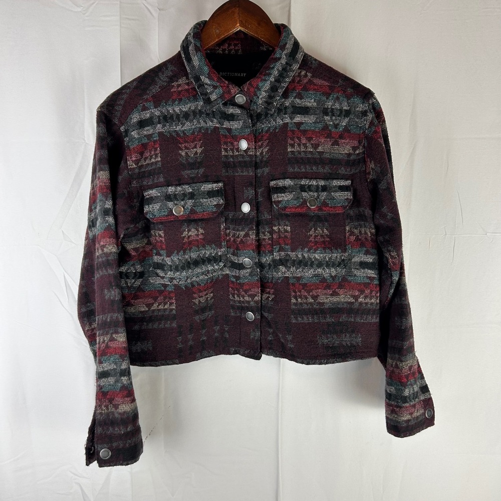 Dictionary Shacket Women S Burgundy Aztec Southwestern Cropped Snap Front Jacket